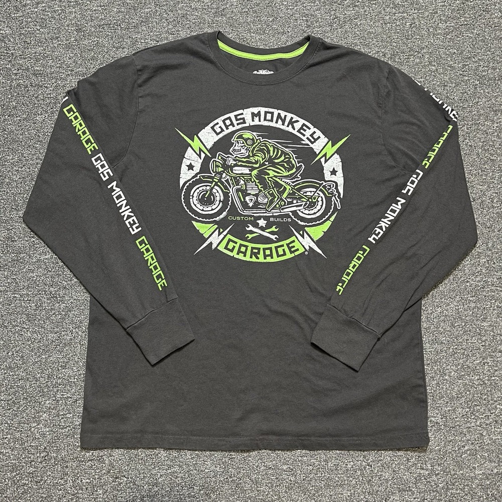 Gas Monkey Garage Grey Long Sleeve Shirt Skeleton Biker Size L